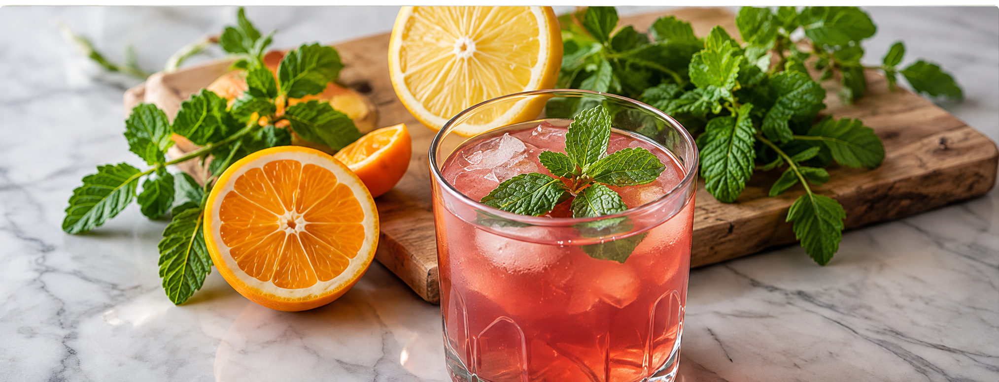 A colorful citrus and herb drink with fresh fruit