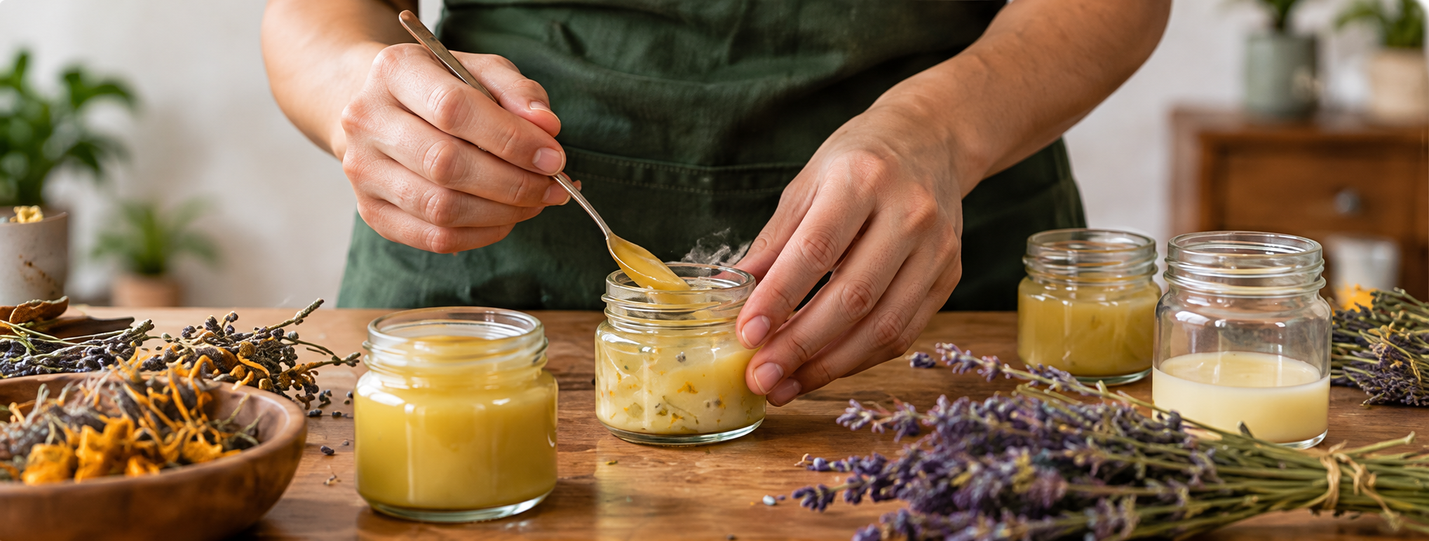 Hands mixing herbs and natural ingredients for balm
