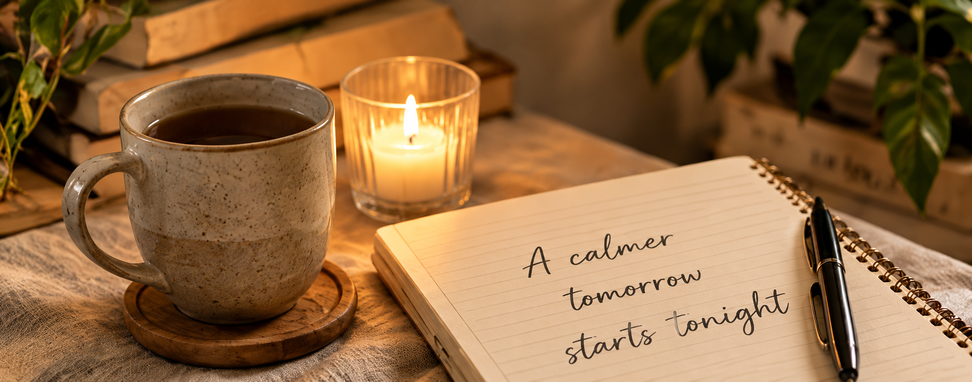 Warm tea, a candle and a journal ready for an evening ritual