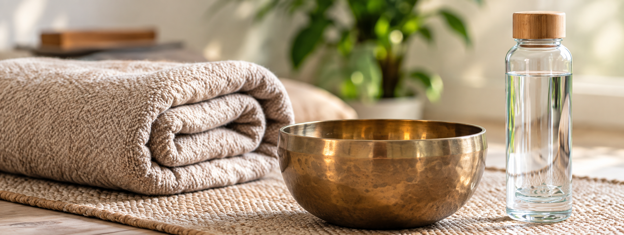 A folded blanket, singing bowl and water prepared for a sound bath