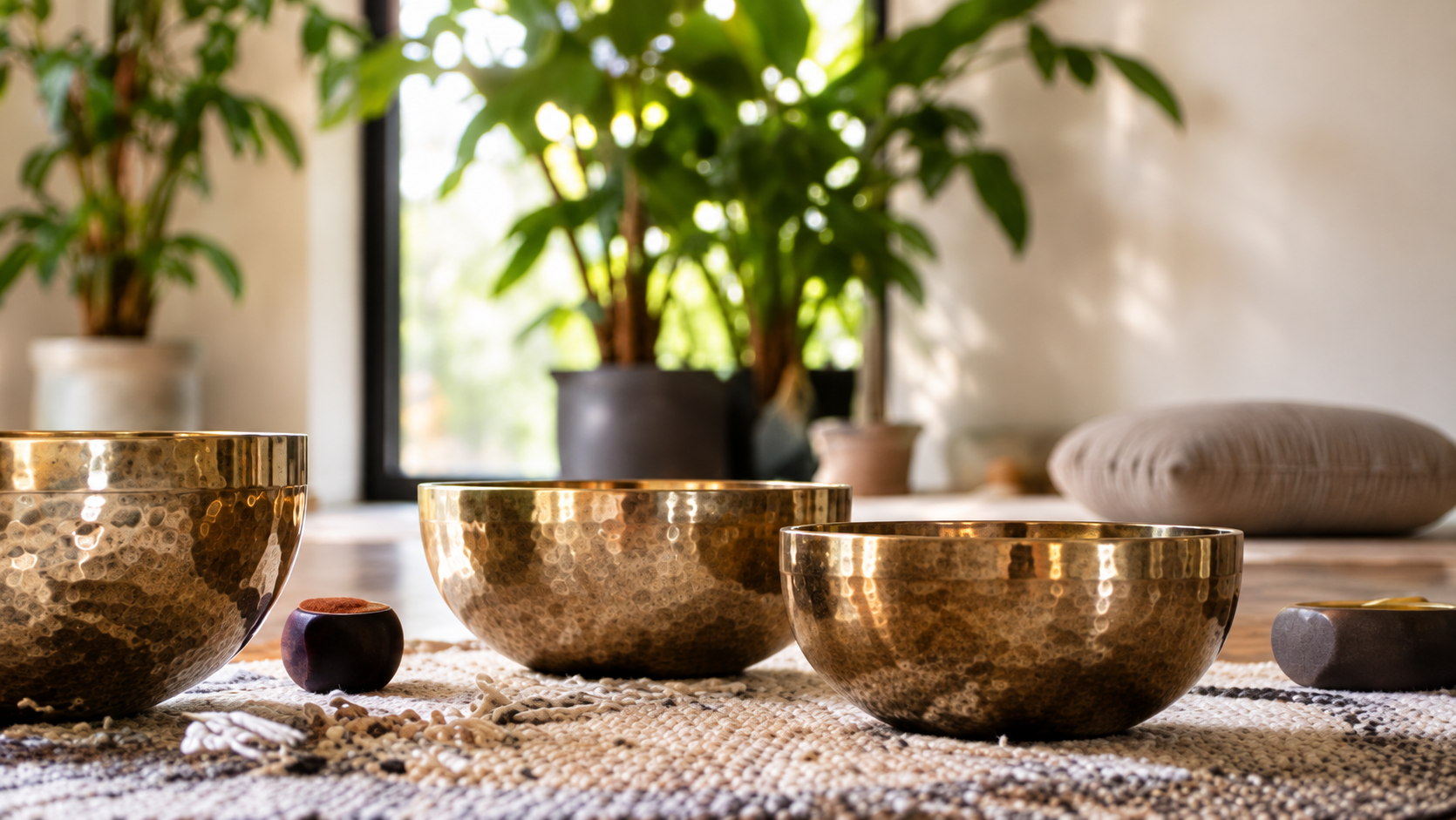 Singing bowls arranged in a quiet room for a first sound bath